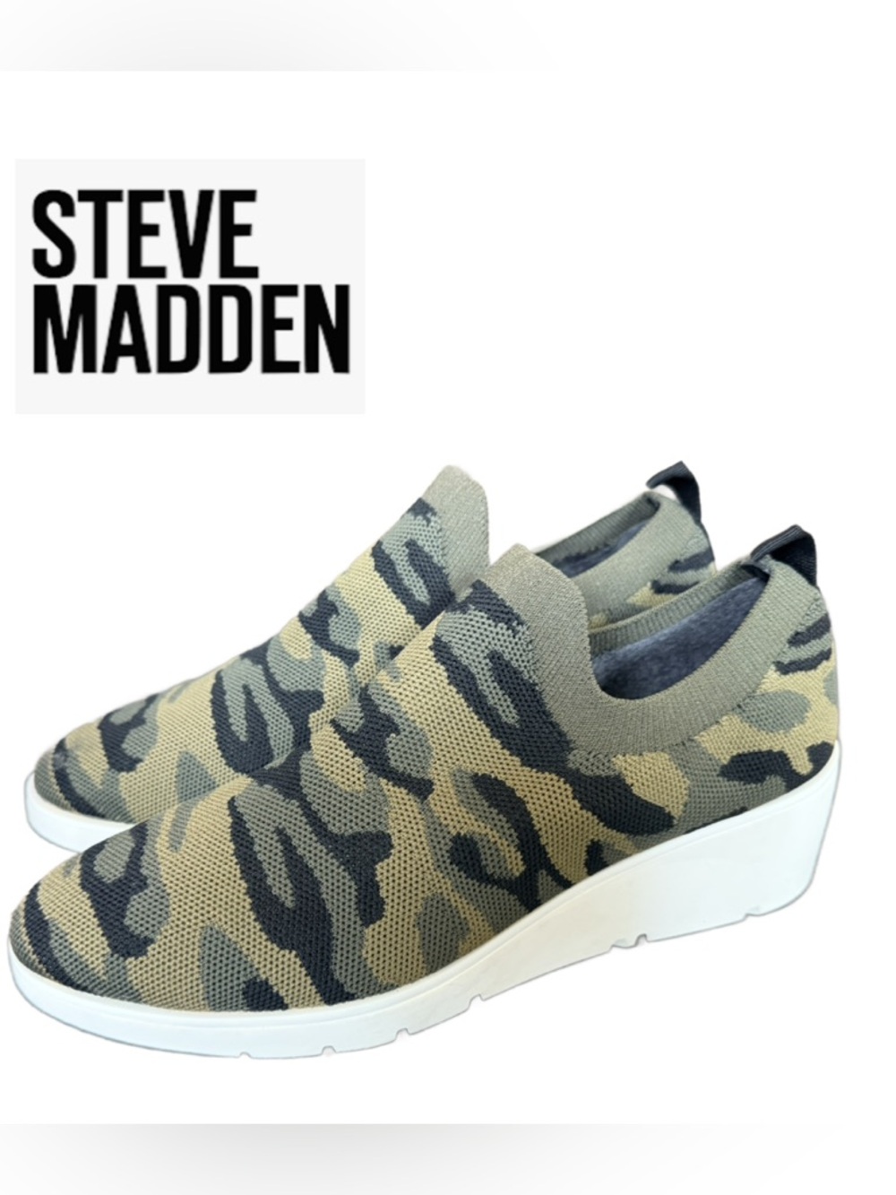 Steve Madden Womens Olive & Black Camo Wedge Slip-On Sneakers